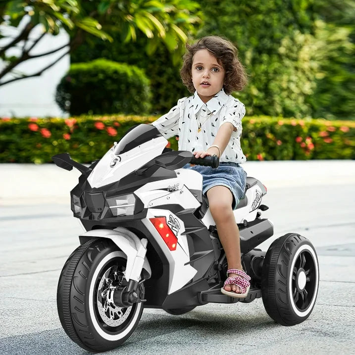 HNH 12V Kids Motorcycle Children Electric Motorcycle 3 Wheels Motorcycle with Bluetooth,White