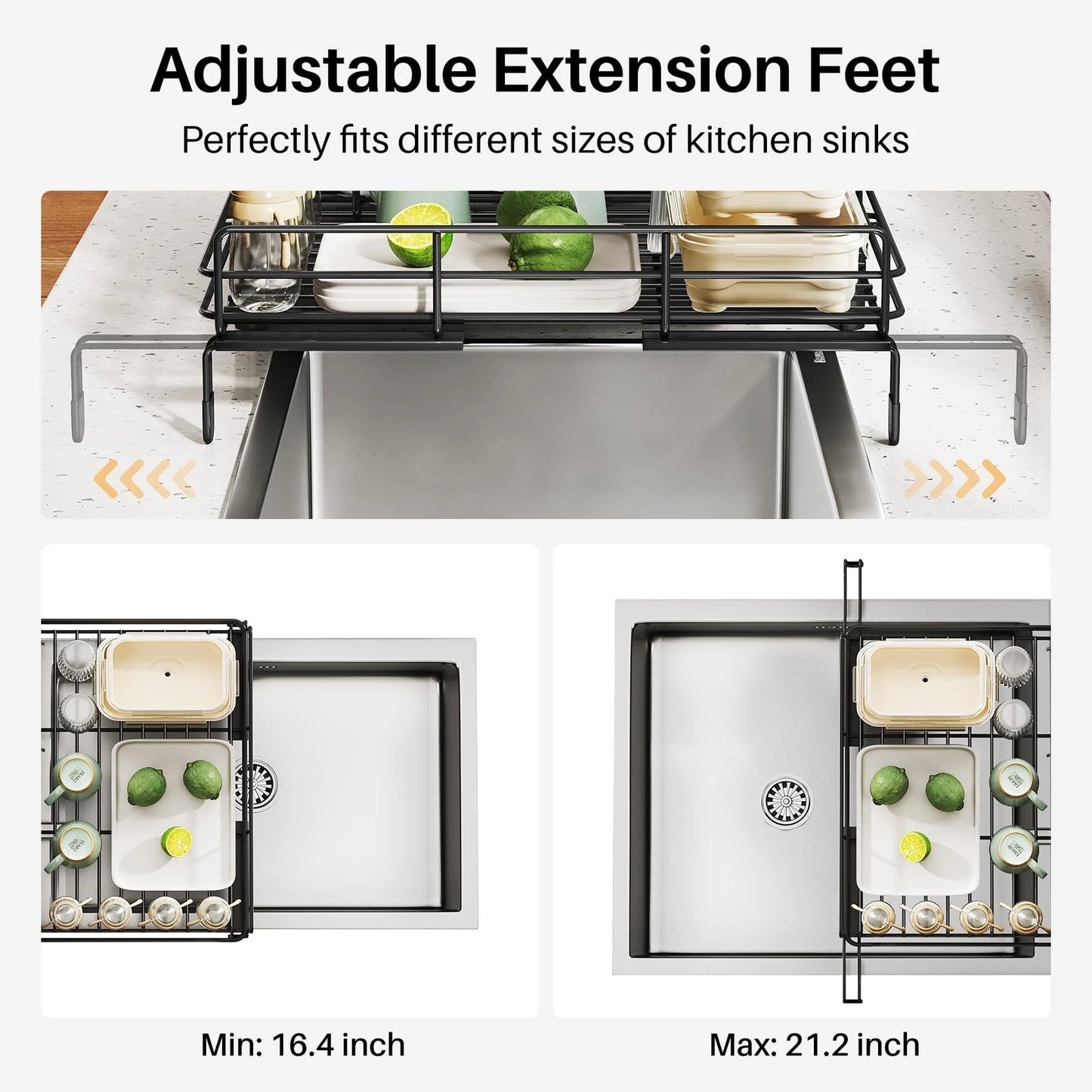 Werseon Expandable Dish Drying Rack, Large Dish Rack for Kitchen Counter, Stainless Steel Dish Drainer with Drainboard, Rustproof Over Sink Drying Rack with Utensil Holder, Black