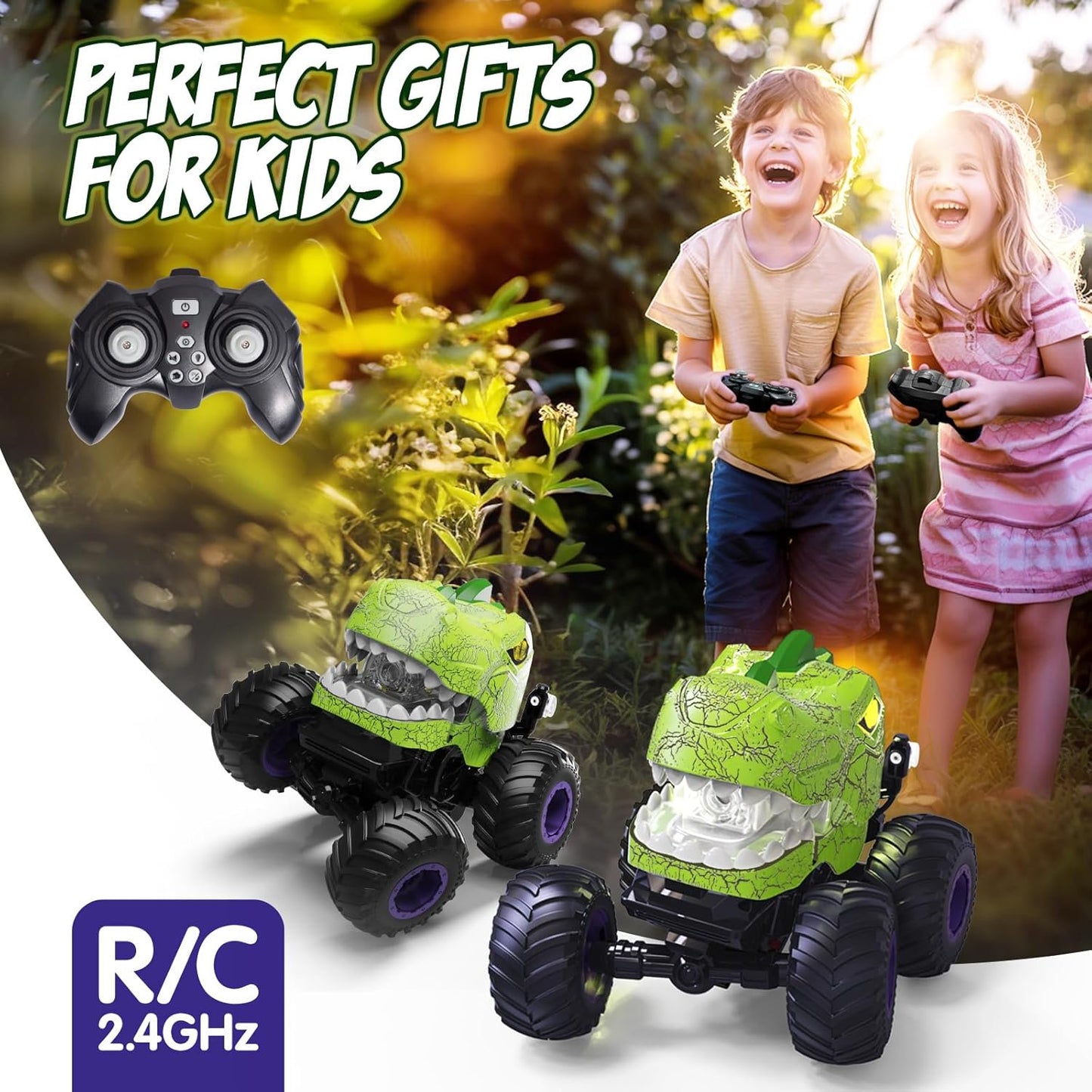 HNH Dinosaur Remote Control Car, RC Monster Trucks, 2.4GHz RC Stunt Car with Spray Lights & Sound, RC Truck for Boys Gifts Age 3-12, 1200 mah