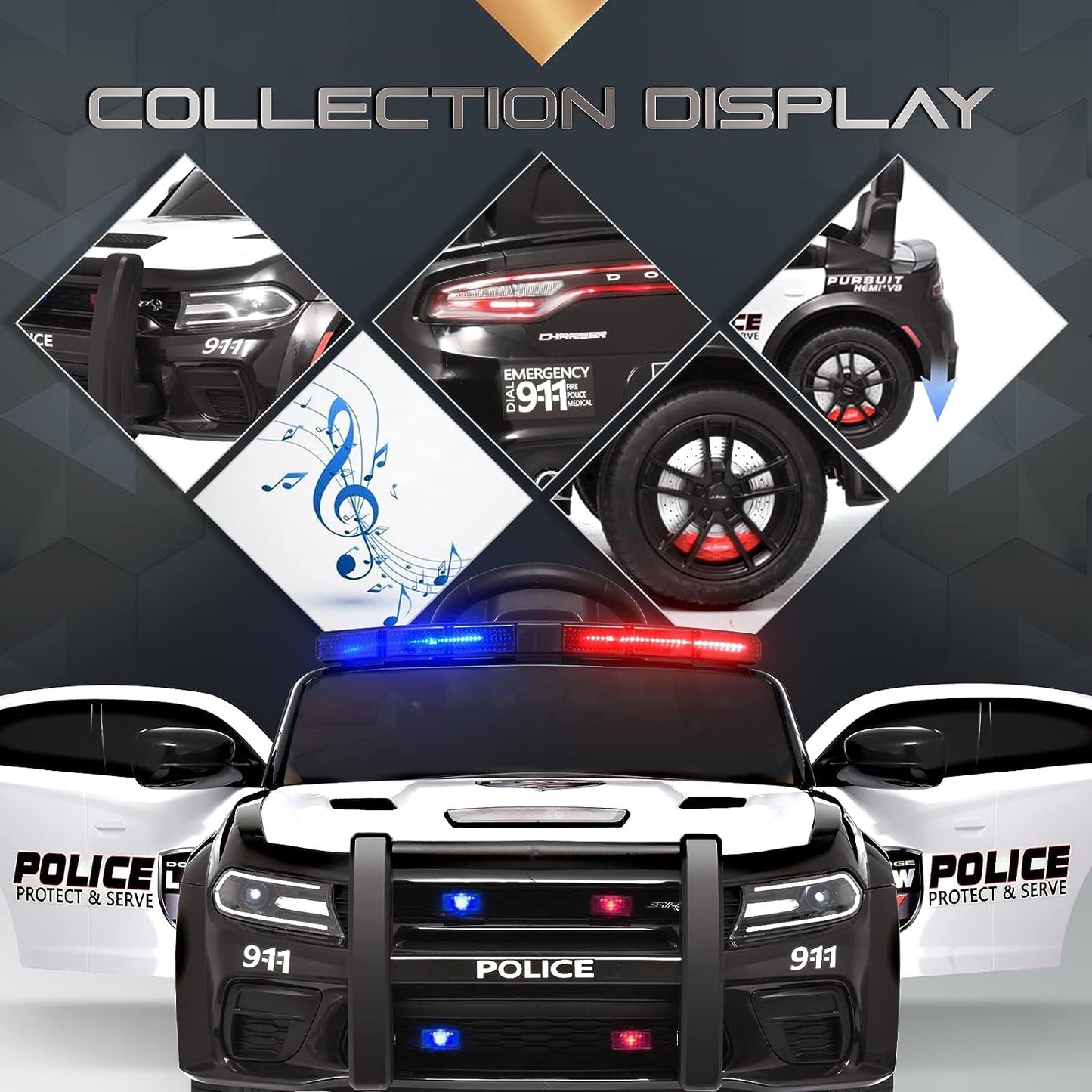 WUBEN 12V V Electric Ride on Car for Kids with Remote Control Licensed Dodge Powered Ride on Police Car for Child, Bluetooth,LED Light