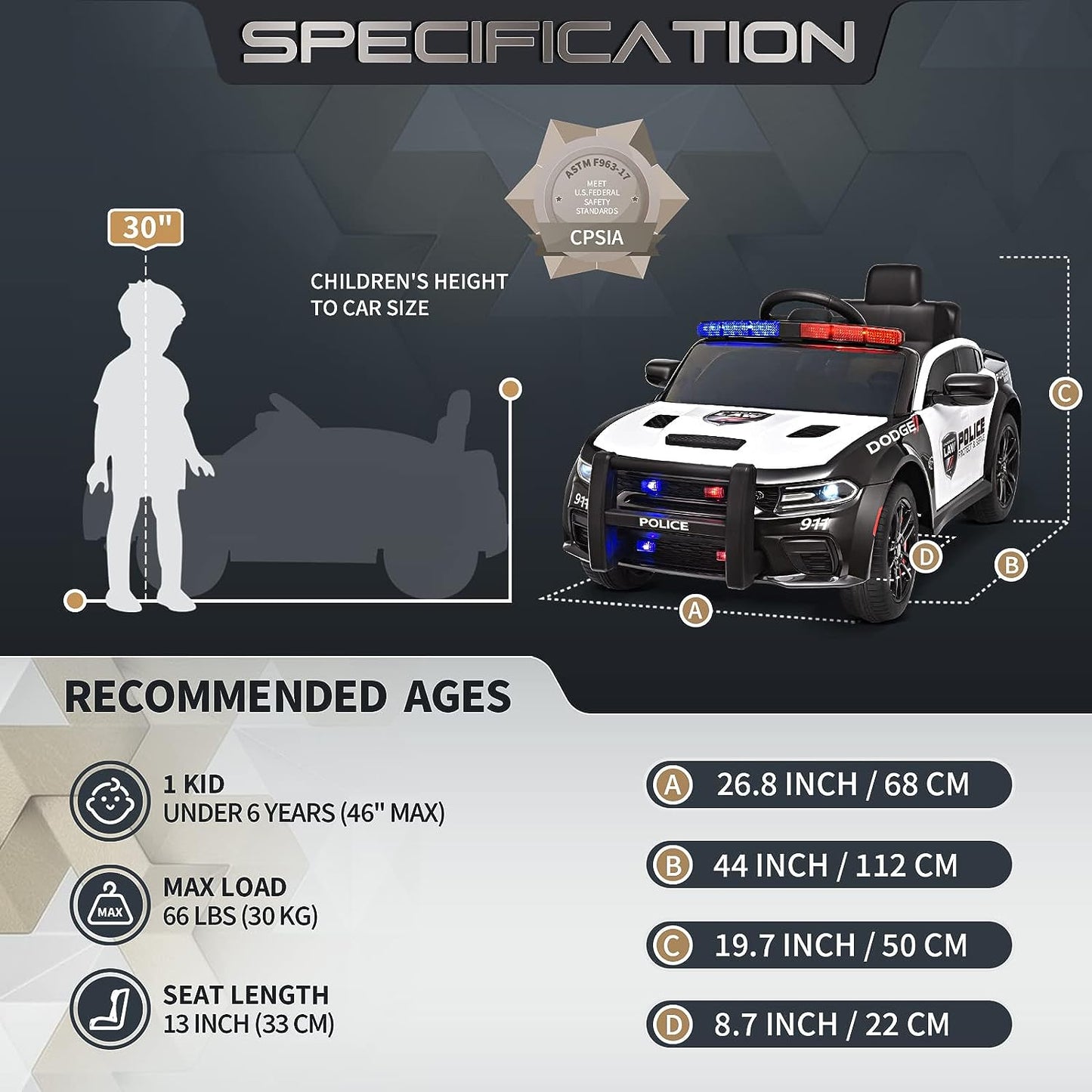 WUBEN 12V V Electric Ride on Car for Kids with Remote Control Licensed Dodge Powered Ride on Police Car for Child, Bluetooth,LED Light