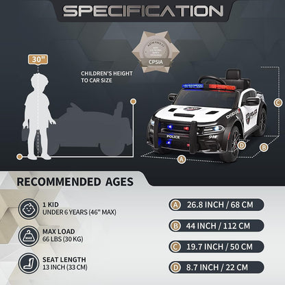 WUBEN 12V V Electric Ride on Car for Kids with Remote Control Licensed Dodge Powered Ride on Police Car for Child, Bluetooth,LED Light