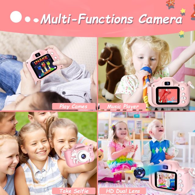 HNH Kid Camera for Girl Age 3-8 with 64GB,Pink Digital Camera with Three Games,Kids Toys for Girls