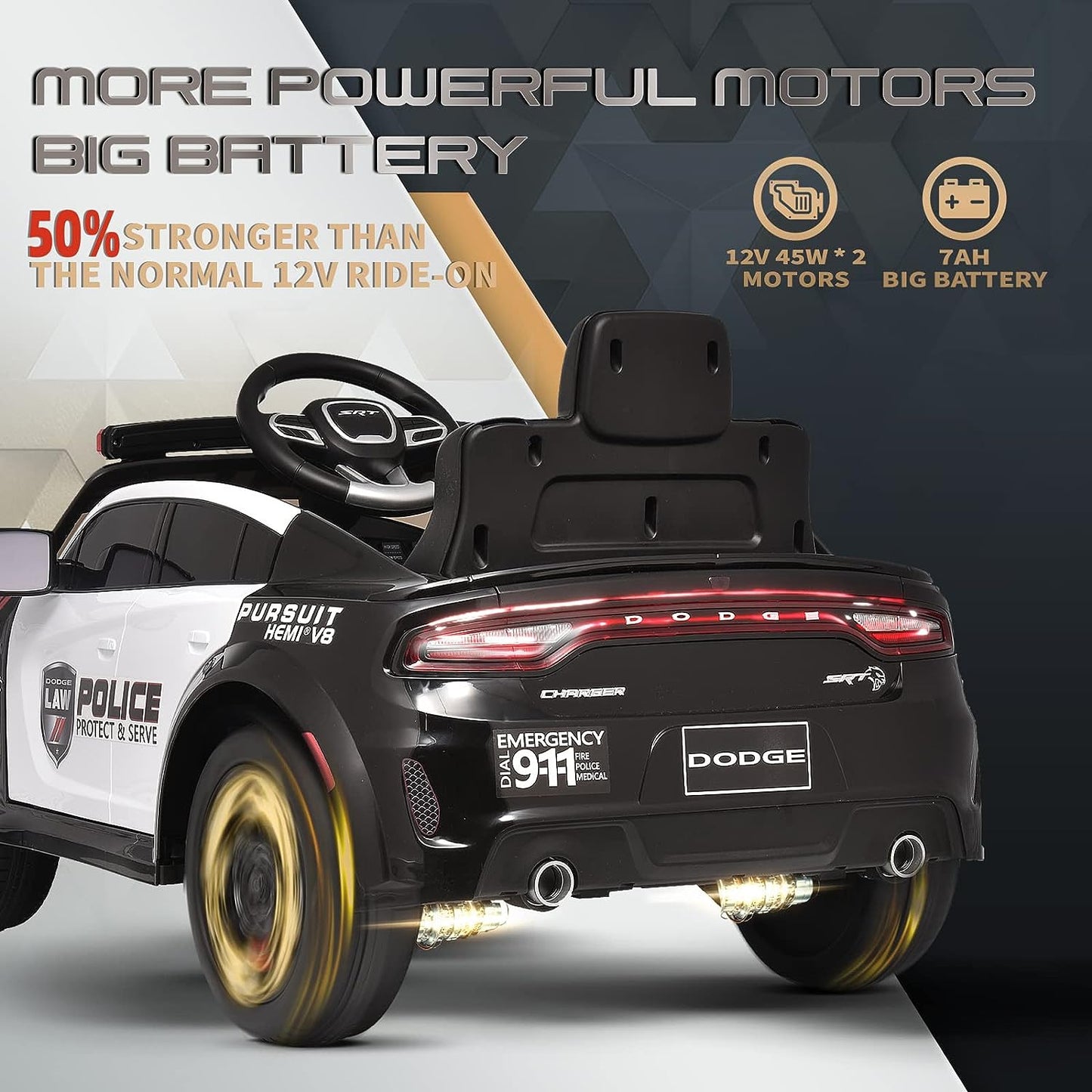 WUBEN 12V V Electric Ride on Car for Kids with Remote Control Licensed Dodge Powered Ride on Police Car for Child, Bluetooth,LED Light