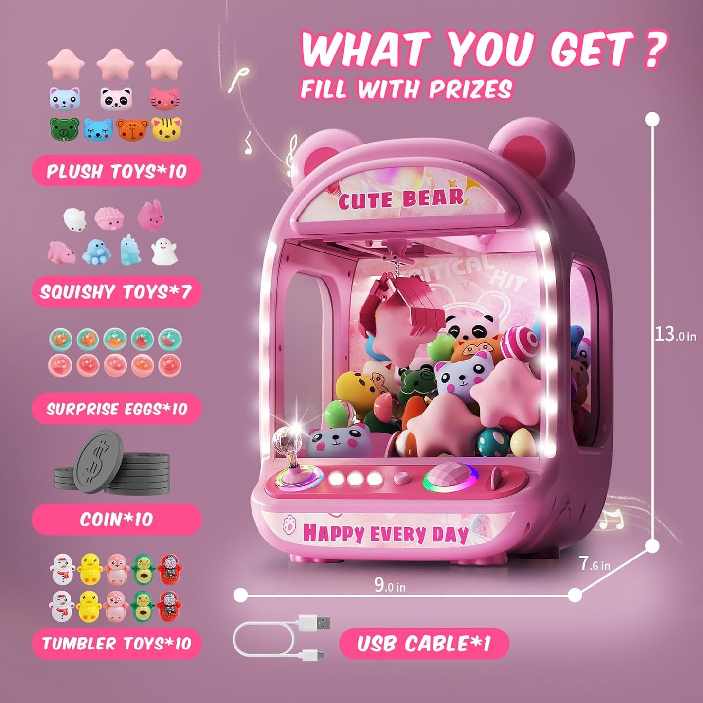 Claw Machine for Kids, Mini Vending Machine with Music, Prize Dispenser Toys for Girls and Boys, Electronic Claw Game Machine for Party Birthdays