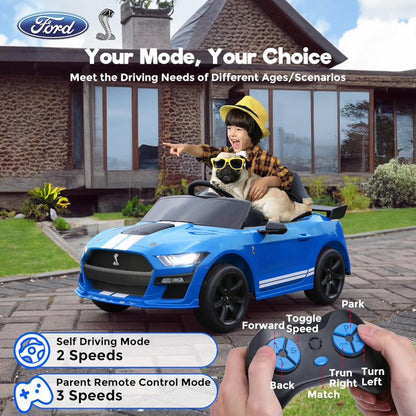 Ride on Toy Cars for Kids,12V Ford Mustang Shelby Powered Ride on Truck Car with Remote Control,Electric Vehicle Car for kids Girl Boy 3-6 w/Music,Bluetooth,LED Lights,3 Speeds,4 Wheelers,Blue