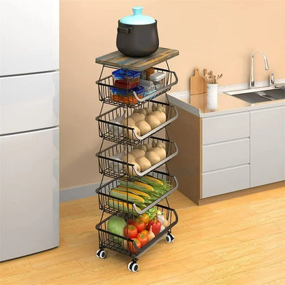 Werseon 6-Tier Fruit Basket Rack, Stackable Wire Basket Cart with Solid Wood, Kitchen Vegetable Storage&Organization