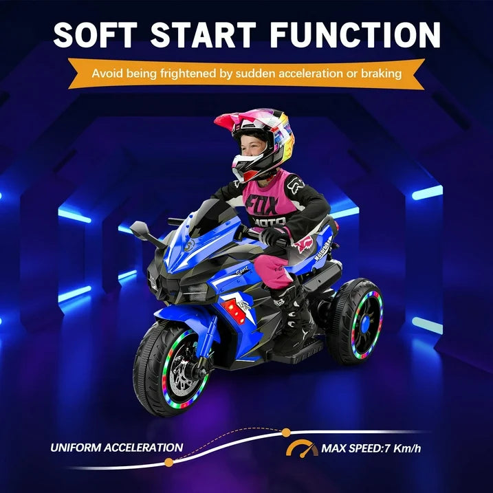 Cheelom Kids Motorcycle,12V Battery Powered Electric Vehicle with 3 Wheels, LED Lights, Foot Pedal, Blue