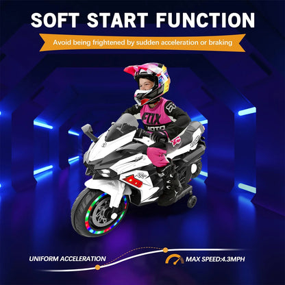 Cheelom Kids Motorcycle,12V Ride on Motorcycle Kids Toys, Children Electric Motorcycle with Hand Racing, PU Seat, White