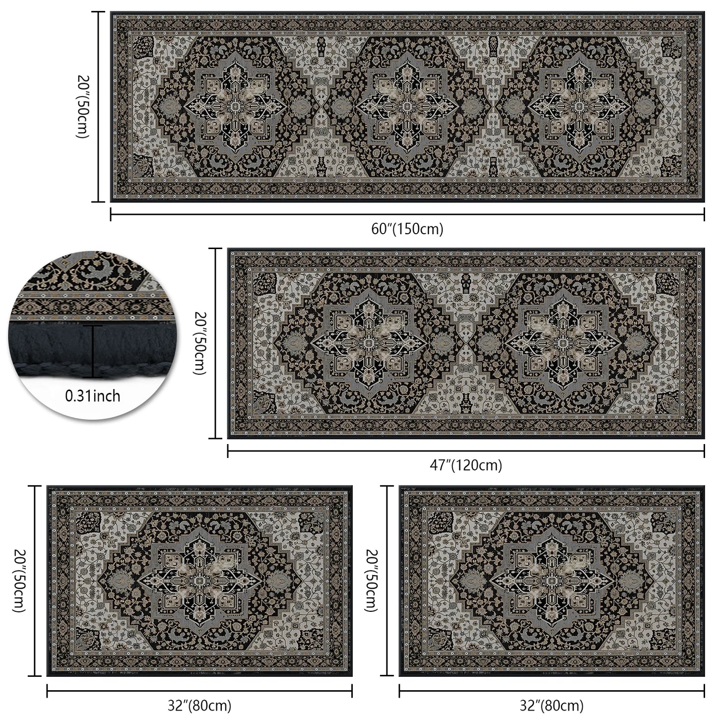 TECHVIDA Kitchen Rugs 4 Piece Set,Non Slip Machine Washable Kitchen Mats,Boho Vintage Abstract Kitchen Carpet for Farmhouse Living Room Hallway