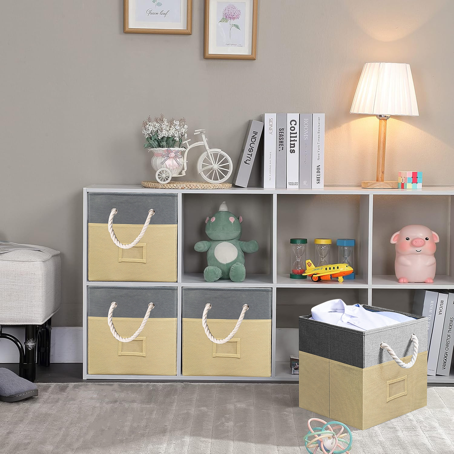Werseon Storage Cube Bins Set of 4, 12 inch Fabric Storage Cubes for Organizing Shelf, Foldable Cubby Storage Baskets with Cotton Handles