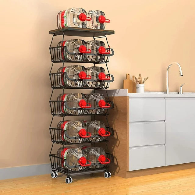 Werseon 6-Tier Fruit Basket Rack, Stackable Wire Basket Cart with Solid Wood, Kitchen Vegetable Storage&Organization