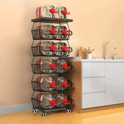 Werseon 6-Tier Fruit Basket Rack, Stackable Wire Basket Cart with Solid Wood, Kitchen Vegetable Storage&Organization