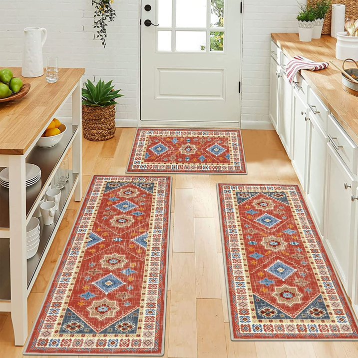 TECHVIDA Boho Kitchen Rug Sets 3 Piece with Runner Non Slip Kitchen Rugs and Mats Washable Kitchen Mats for Floor Thick Kitchen Floor Mat Carpet Runner Rugs for Hallway Laundry Holiday Decor