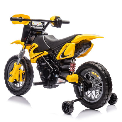 Motorcycle for Kids, 12V Electric Ride On Dirt Bike, 3.73 Mph Top Speed, Headlights, Training Wheels, Realistic Sounds, Music, Battery Charger-Yellow