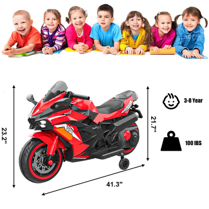 HNH 12V Ride on Motorcycle for Kids, Battery Powered Motorcycle for Child with LED Lights Wheels and Bluetooth Music (Red)