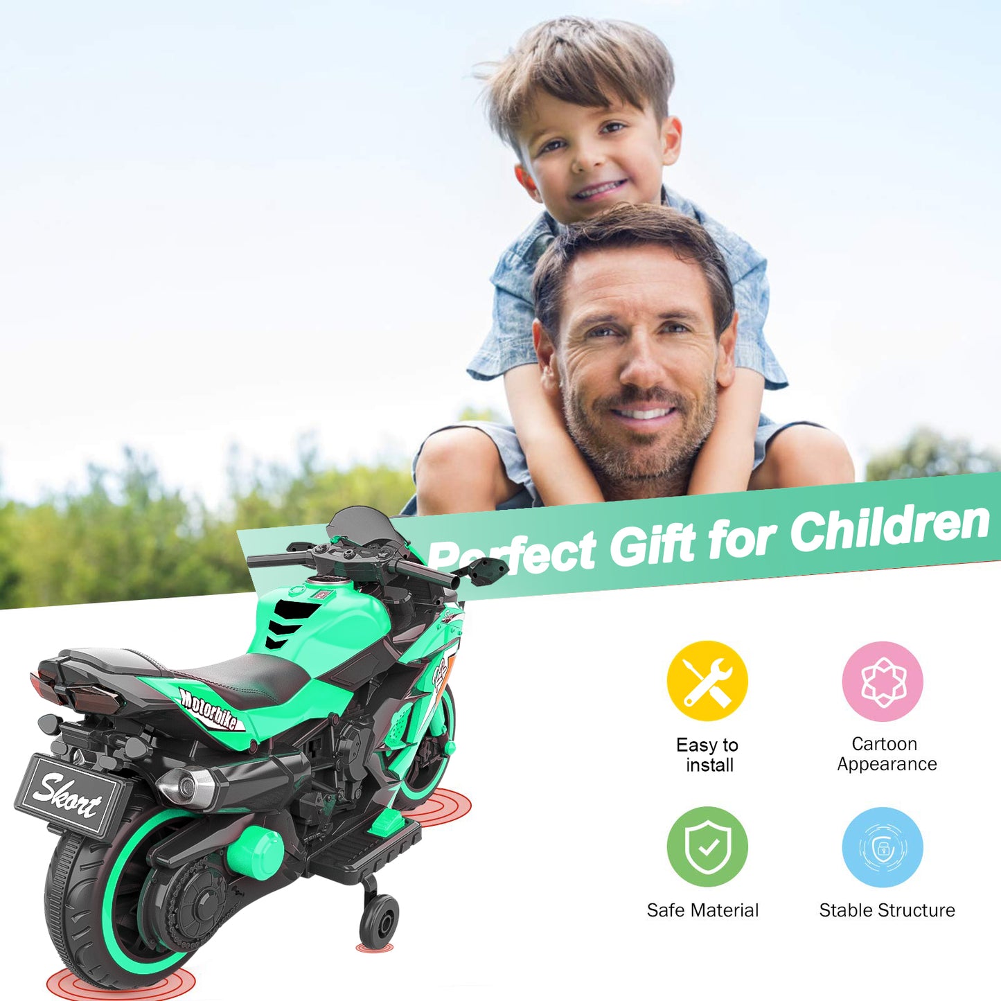 Zogymoz 12V Electric Ride on Motorcycle, Kids Motorcycle for 3-6 Years with Light Wheel & Bluetooth Music-Green