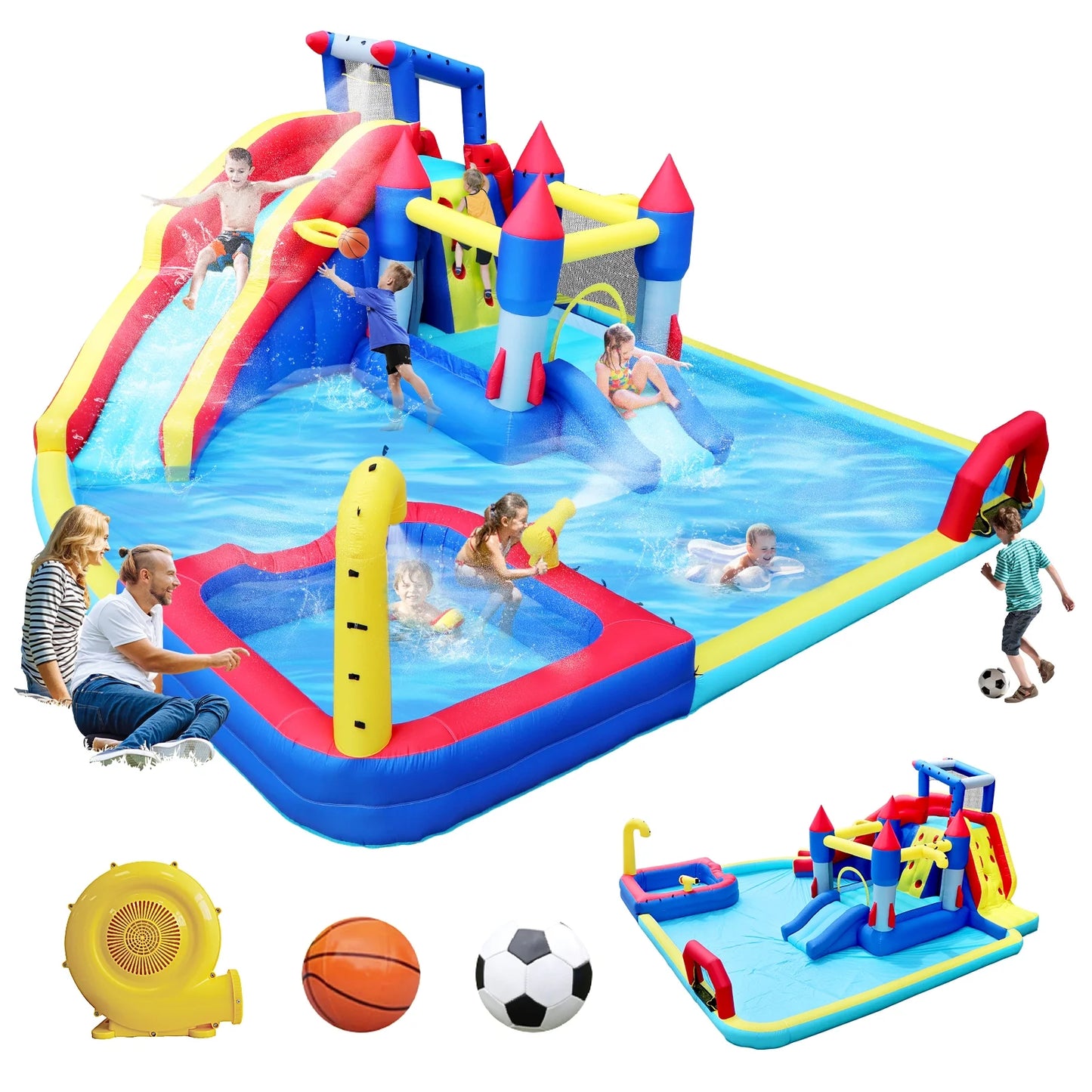 HONGLONG 10 In 1 Kids Inflatable Slide Water Park Trampoline Bouncing House, Outdoor Bounce House with Blower, Splash Pool, Climbing Wall , Water Toys for 3-10 Years Old