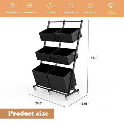 TECHVIDA 3 Tier Metal Rolling Laundry Basket Cart, Adjustable Freestanding Laundry Hamper with 6 Storage Baskets, Laundry Clothes Storage Cart