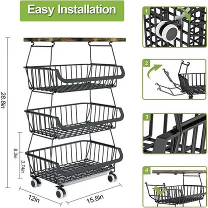 Werseon 4 Tier Fruit Storage Basket, Fruit Vegetable Cart with Solid Wood, Kitchen Storage Rack with Rollers for Pantry