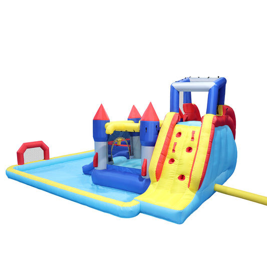 7 in1 Inflatable slide water park trampoline bouncing house yard garden with splash pool & water gun & basketball & climbing wall & dual pools & soccer