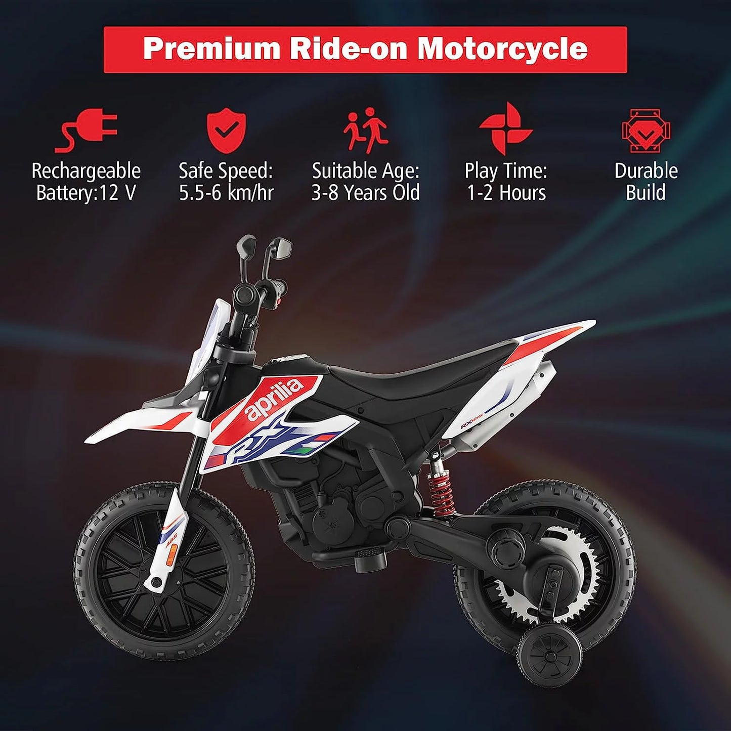 Techvida Kids Motorcycle,12V Aprilia Licensed Battery Powered Electric Vehicle Dirt Bike w/Training Wheels,Headlight & Music,Spring Suspension,Ride on Motorcycle,Gift for Boys Girls,White