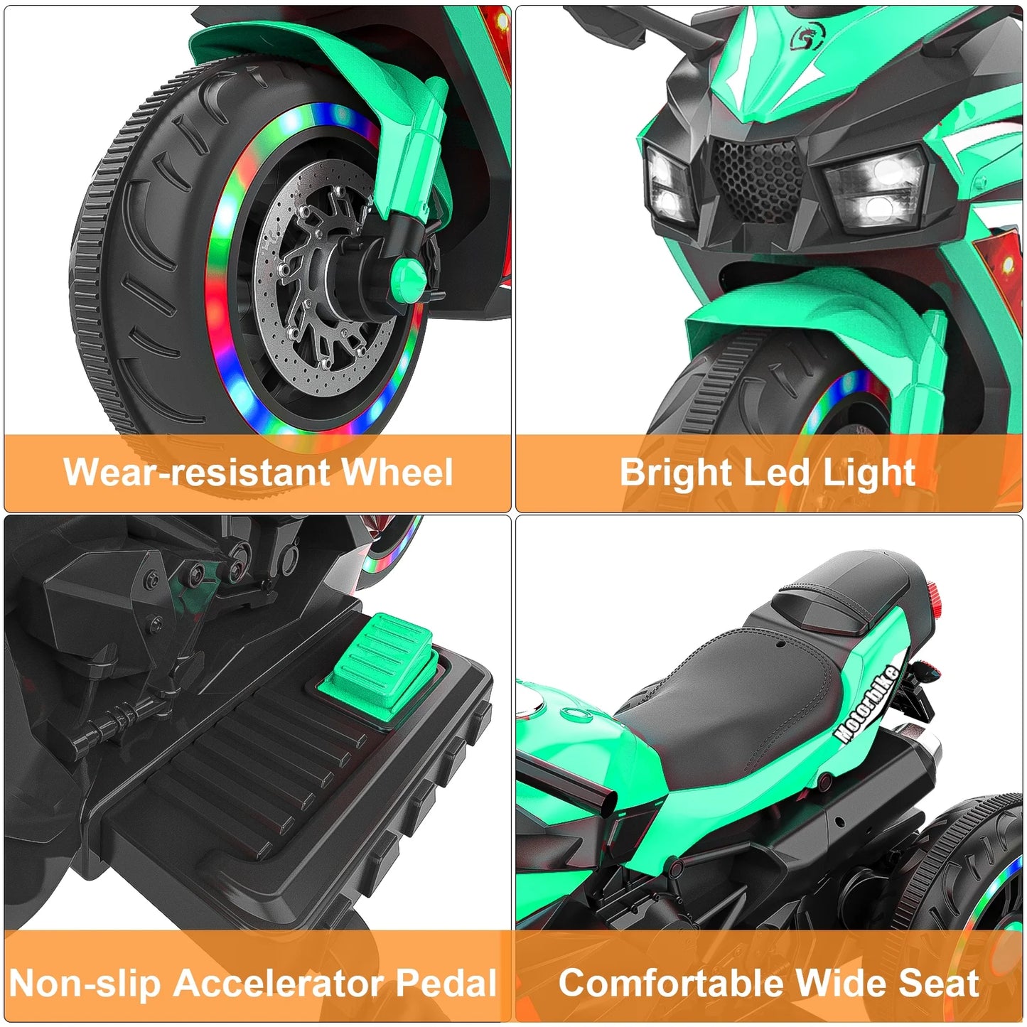 Werseon 12V Electric Motorcycle for Kids, 3-Wheel Ride On Motorcycle for 2-4 Years Old, Battery Powered Ride on Toy with LED Light Wheels, MP3, Bluetooth, up to 110lbs, Green