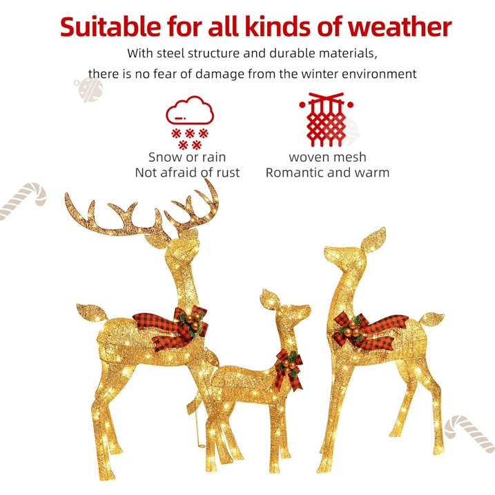 5Ft Lighted Christmas Deer 3 Set with 210 Lights, Large Outdoor Yard Reindeer Holiday Decoration,Lighted Deer Set for Indoor Christmas Decor