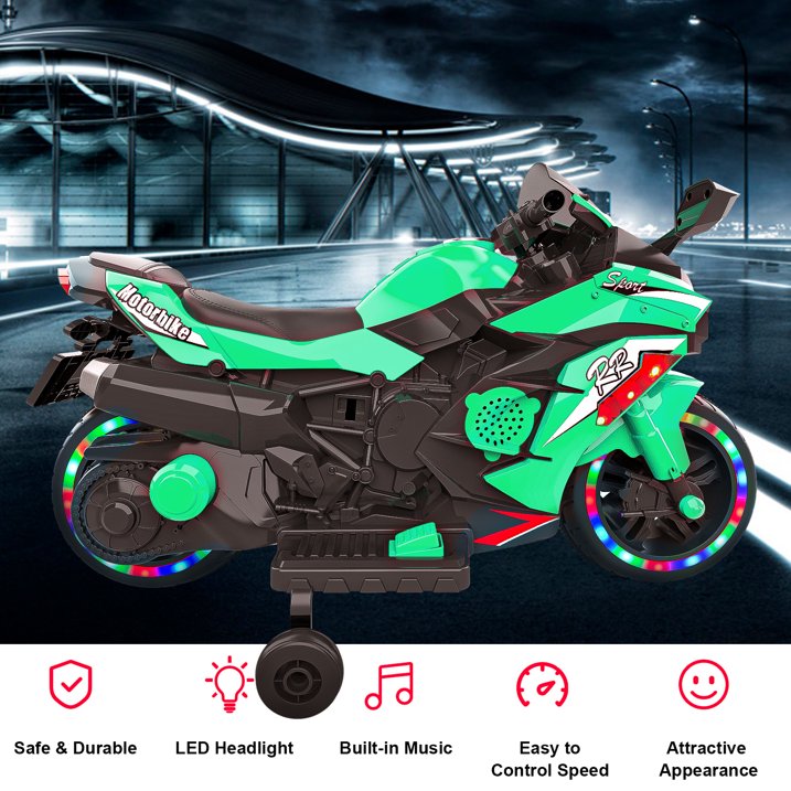 Cheelom 12V Kids Ride on Motorcycle, 2 Wheels Motorbike for Kids with Training, Lights,Music Green