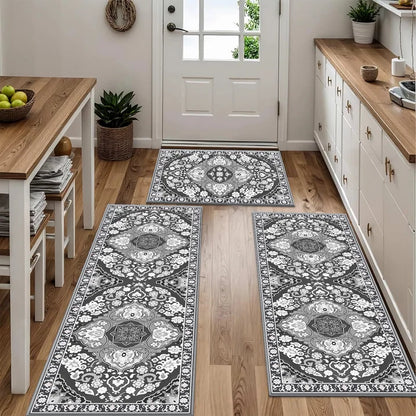 TECHVIDA Kitchen Rug Set 3 Piece,Non Slip Machine Washable Kitchen Mats,Boho Farmhouse Hallway Doormat for Home Decor