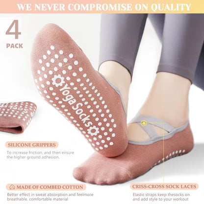YOMYM 4 Pairs Pilates Socks with Grips for Women Yoga Socks Non-Slip Sole for Ballet, Hospital, Dance, Workout, Barefoot