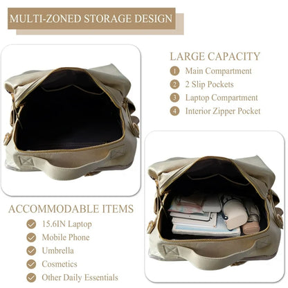 HONGLONG PU Leather Backpack for Women Fashion Multipurpose Design Convertible Backpack Purse Large Shoulder Bag Travel Bag Beige