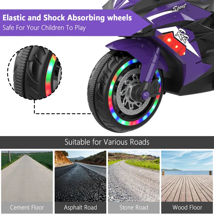 HNH 12V Ride on Toys, Kids Ride on Motorcycle, Electric Motorcycle with Training Wheels, Violet