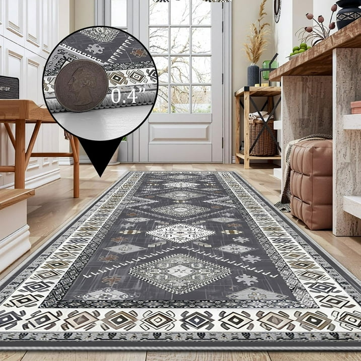 TECHVIDA 2'x6' Hallway Runner Rug Boho,Non Slip Machine Washable Rugs for Hallway Kitchen,Dark Grey