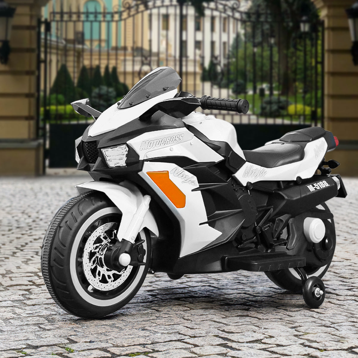 CMGB Kids Motorcycle,12V Ride on Motorcycle Kids Toys, Children Electric Motorcycle with Hand Racing, PU Seat, White