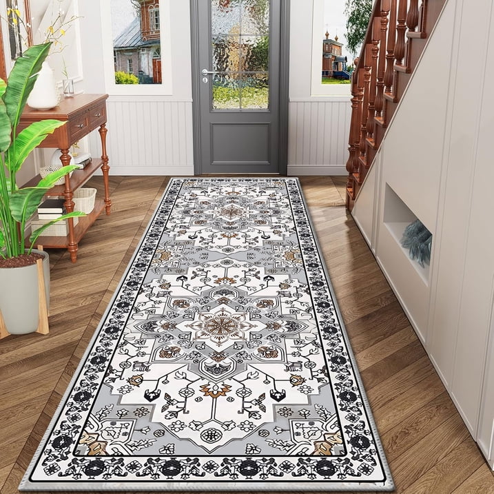 TECHVIDA 2'x6' Hallway Runner Rug Boho,Non Slip Machine Washable Rugs for Hallway Kitchen,Grayish Brown