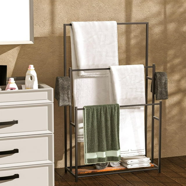 TECHVIDA Towel Racks for Bathroom, 3 Tiers Metal Towel Rack Standing, Freestanding Towel Holder for Bath Storage & Hand Towels, Blanket Holder, Next to Tub Shower, Pool Towel Racks Outdoor