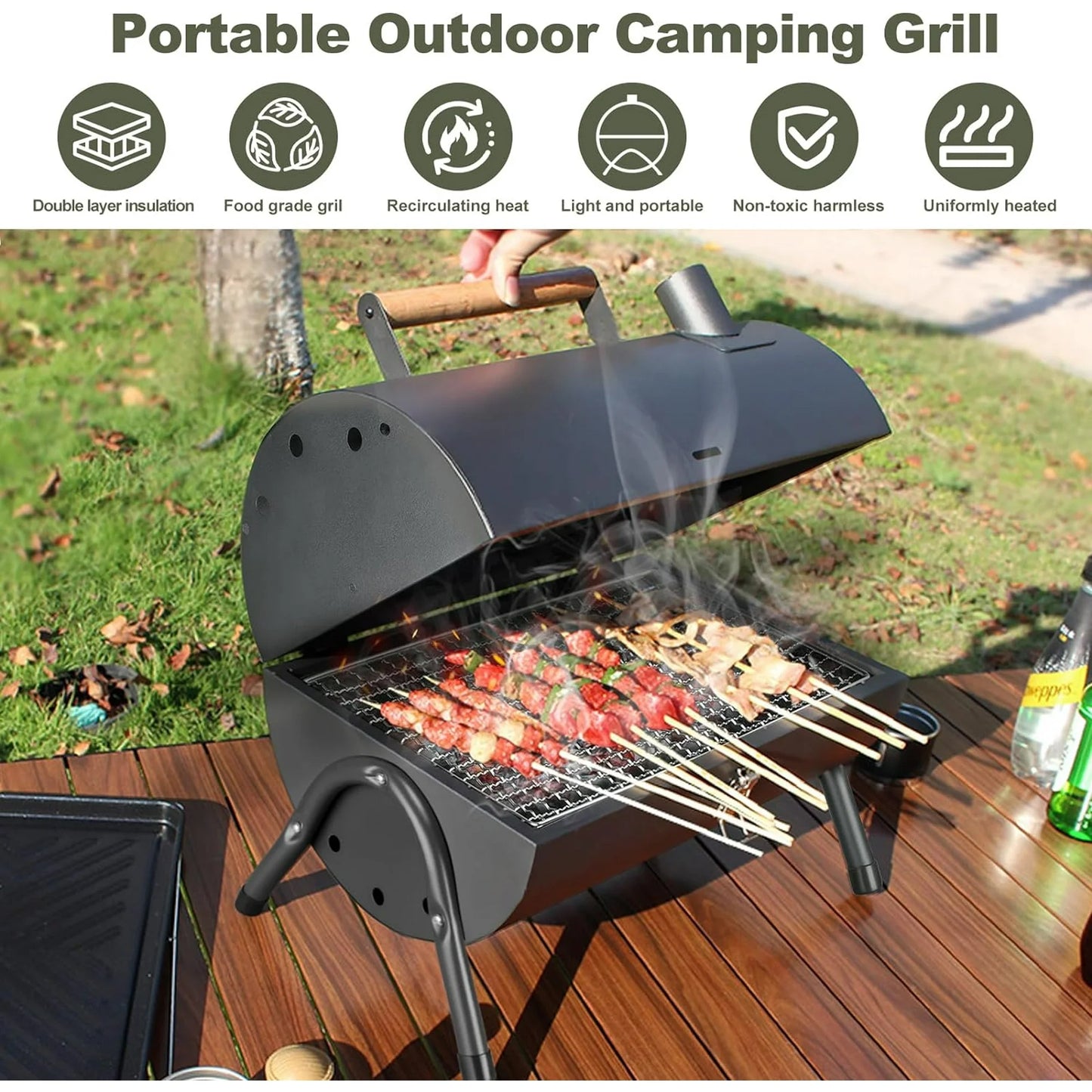 TECHVIDA Portable Charcoal Grill,Portable Grill,Tabletop Outdoor Barbecue Smoker,Bag Fitting, Grill for Camping and Picnics
