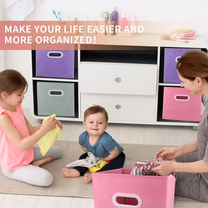 WERSEON 11 Inch Fabric Collapsible Storage Cubes, Set of 6 Foldable Storage Bins with Metal Handles, Cube Baskets for Organizing Clothes, Toys, Books, Gray+Pink+Purple