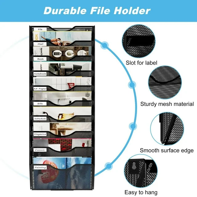Techvida 10 Tier Metal Mesh Wall File Holder, Office Hanging File Folder Magazine Rack Metal Mail Organizer