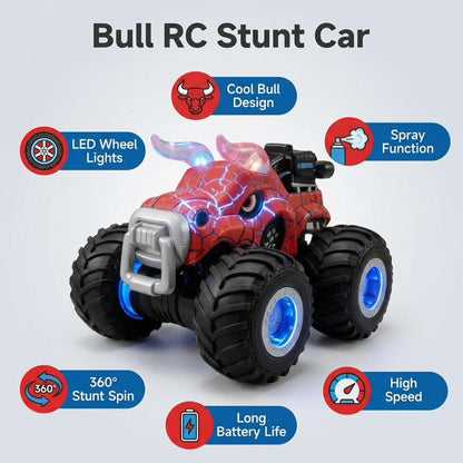HNH 1:18 RC Monster Trucks Remote Control Car for Kids, 360°Rotating All Terrain RC Stunt Car with Light & Music, Cow-Red