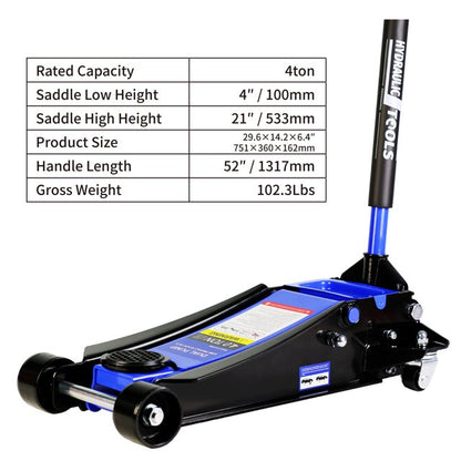 Floor Jack, 4 Ton Low Profile Floor Jack, Heavy-Duty Steel Racing Floor Jack with dual Piston Quick Lift Pump, Floor Jack Lifting Range 4"-21"