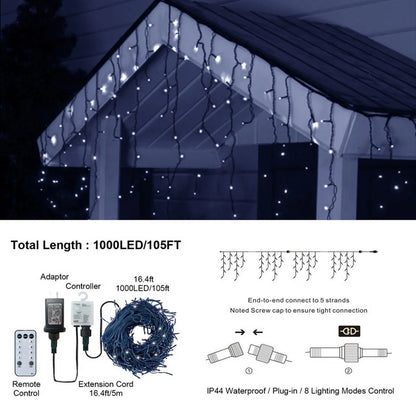 Cheelom Fairy String Party Decoration Lights Christmas Icicle Lights Outdoor Indoor 105ft 1000 Led 8 Modes with 50 Drops Plug In Waterproof Timer Memory Function Clearance Sales