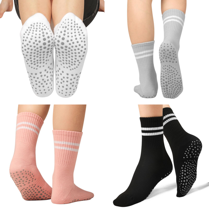 YOMYM Pilates Socks for Women with Non Slip Grippers, Yoga Crew Socks for Barre Hospital Sticky Slipper Socks 4 Pairs