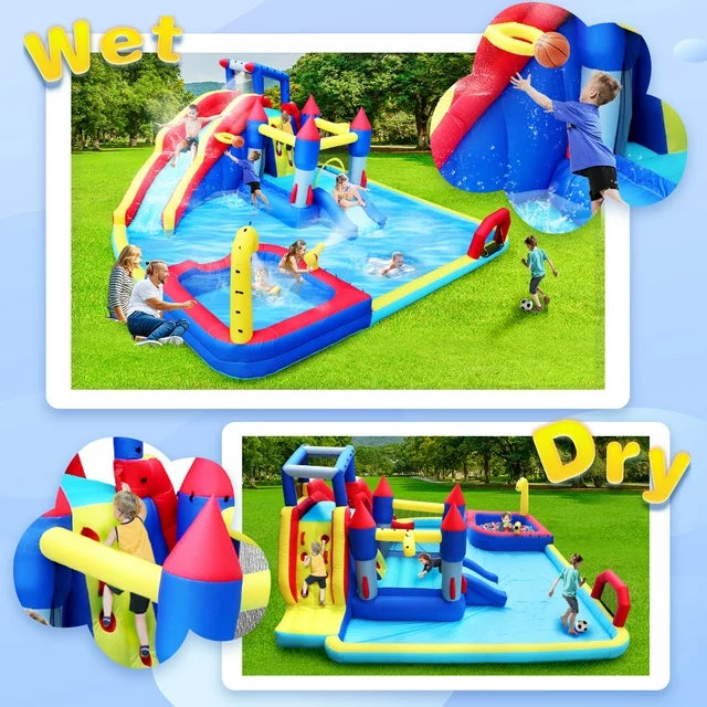 7 in 1 Inflatable Water Slide Kids Bounce House with Splash Pool & Water Gun & Basketball & Climbing Wall & Dual Pools & Soccer