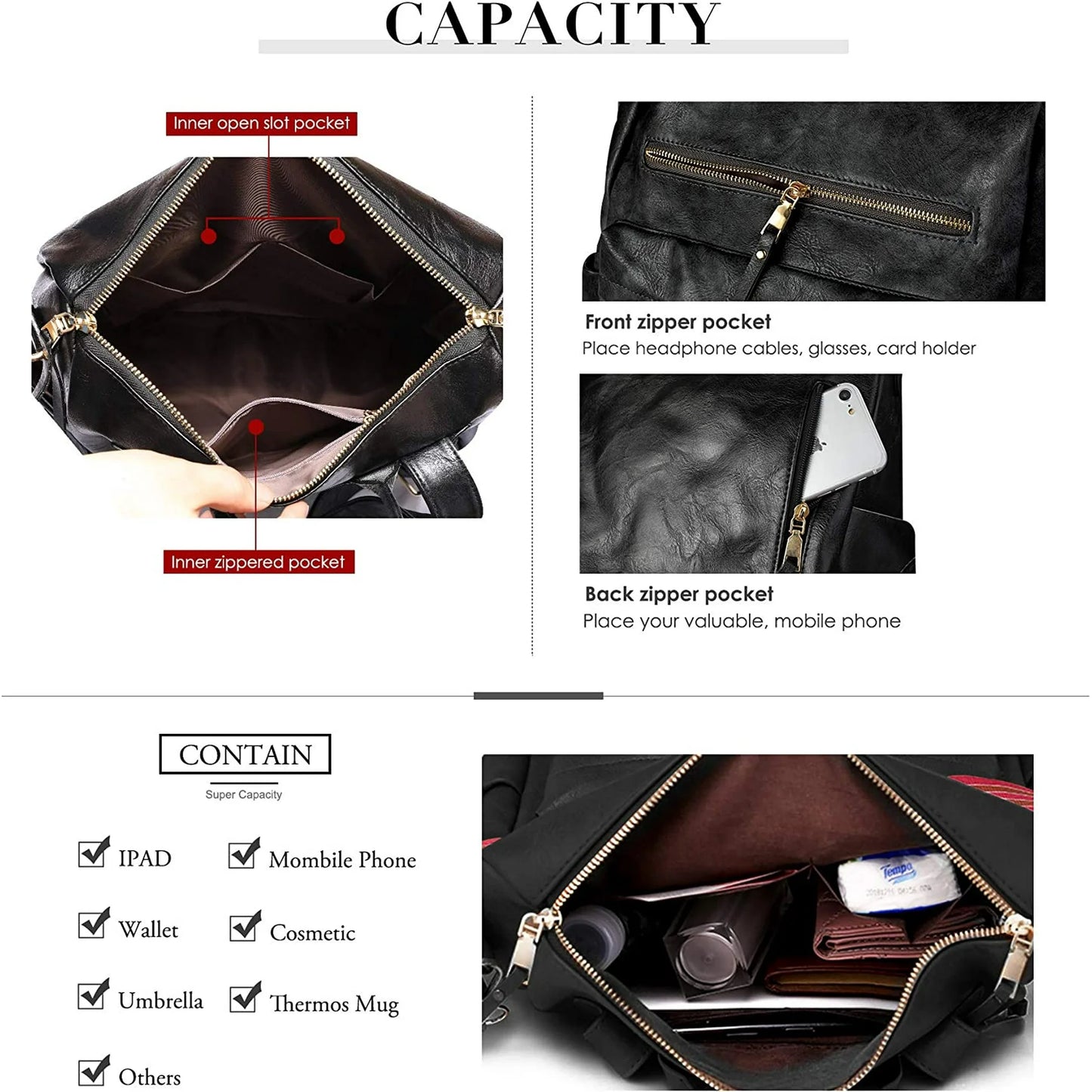 YOMYM PU Leather Backpack Purse For Women Convertible Ladies Fashion Casual Large School Shoulder Bags