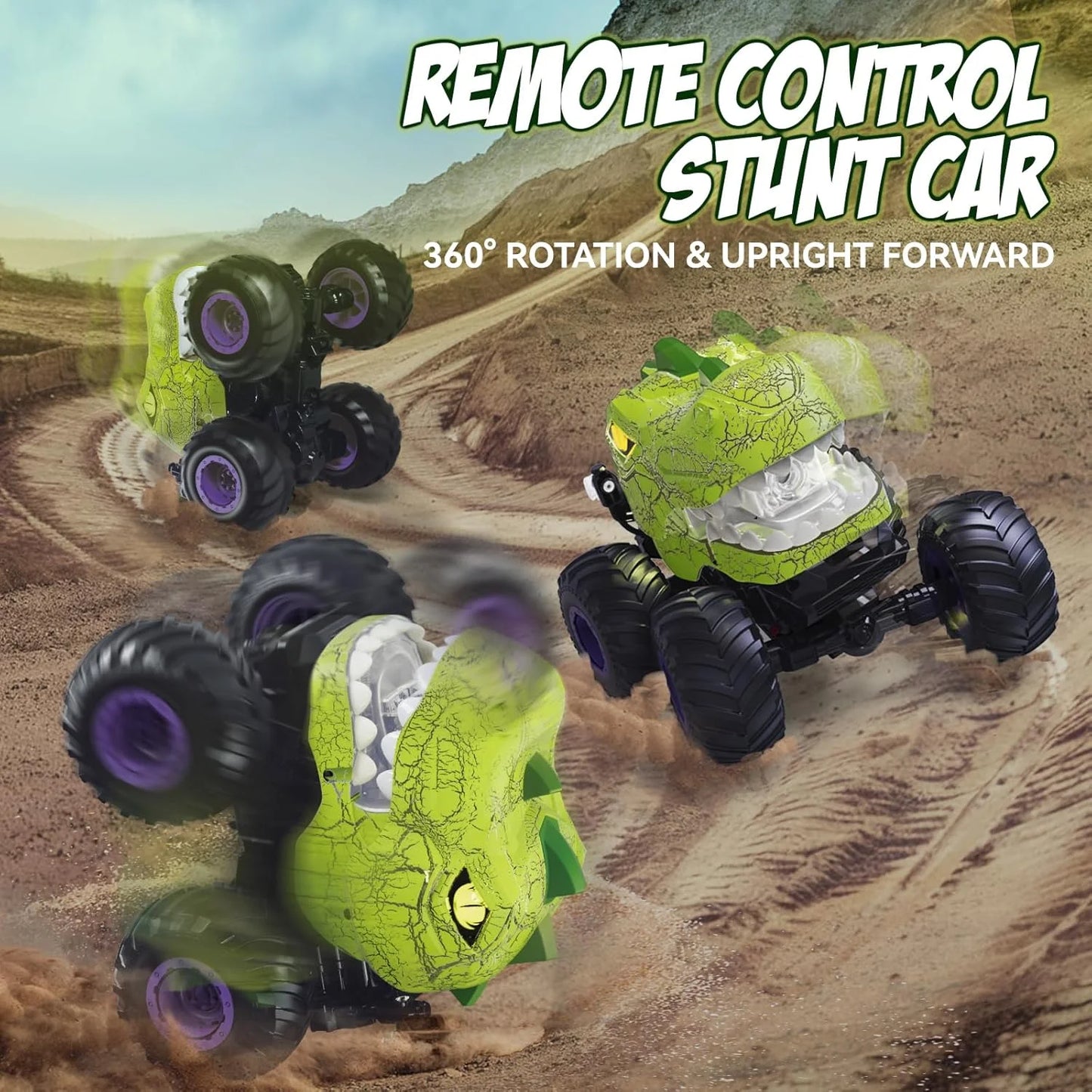 HNH Dinosaur Remote Control Car, RC Monster Trucks, 2.4GHz RC Stunt Car with Spray Lights & Sound, RC Truck for Boys Gifts Age 3-12, 1200 mah