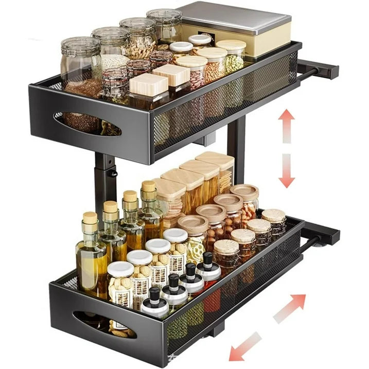 WERSEON Under Sink Organizer, 2 Tier Stainless Steel Pull out Cabinet Organizer Baskets with Mesh Sliding Drawers, Slide out Storage Shelf for Kitchen, Bathroom, Countertop