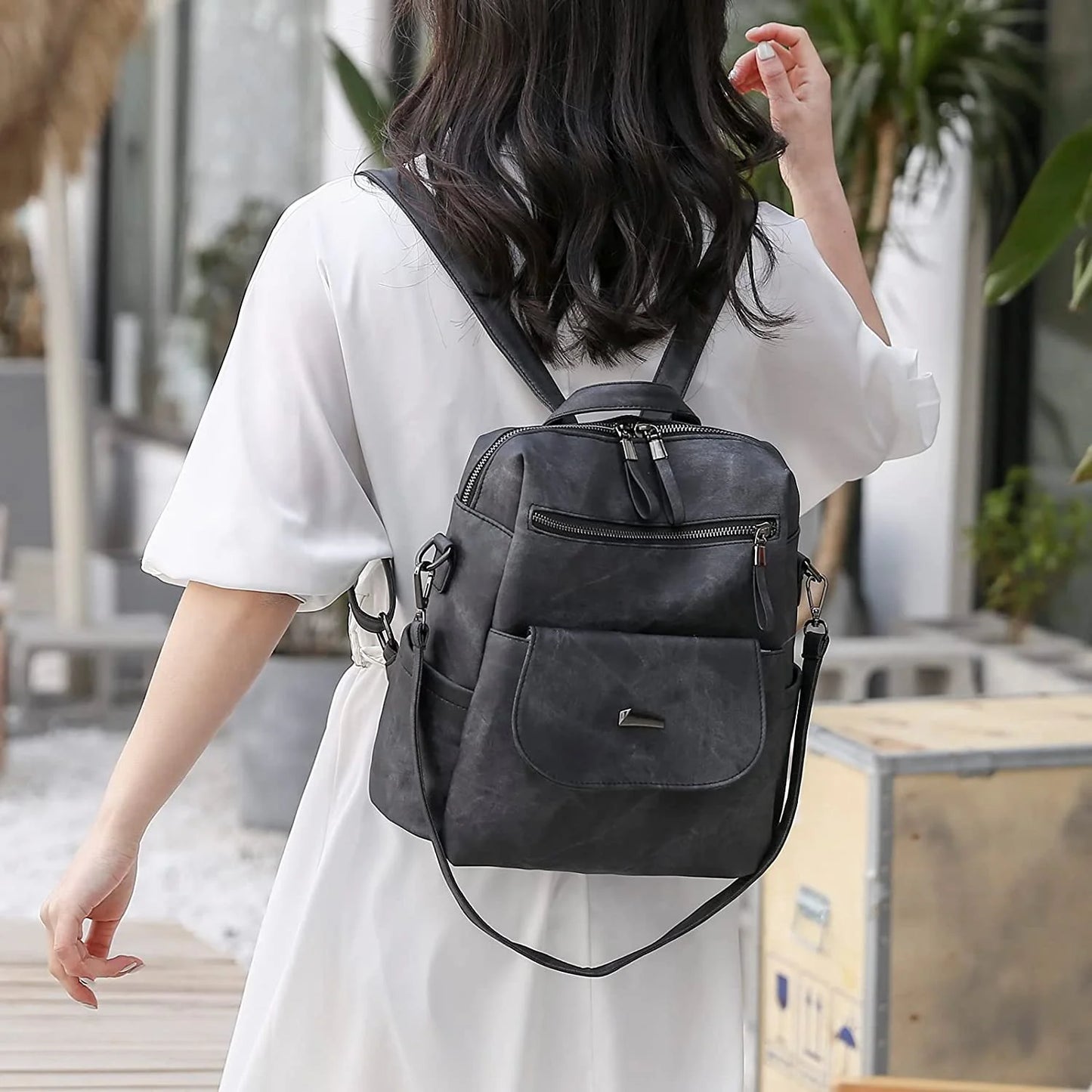 HONGLONG PU Leather Backpack Purse for Women Casual Handbag Ladies Shoulder Bags Black