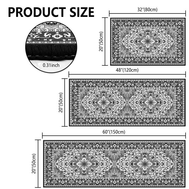 TECHVIDA Kitchen Rugs 3 Piece Set,Non Slip Machine Washable Kitchen Mats,Boho Vintage Abstract Kitchen Carpet for Farmhouse Living Room Hallway